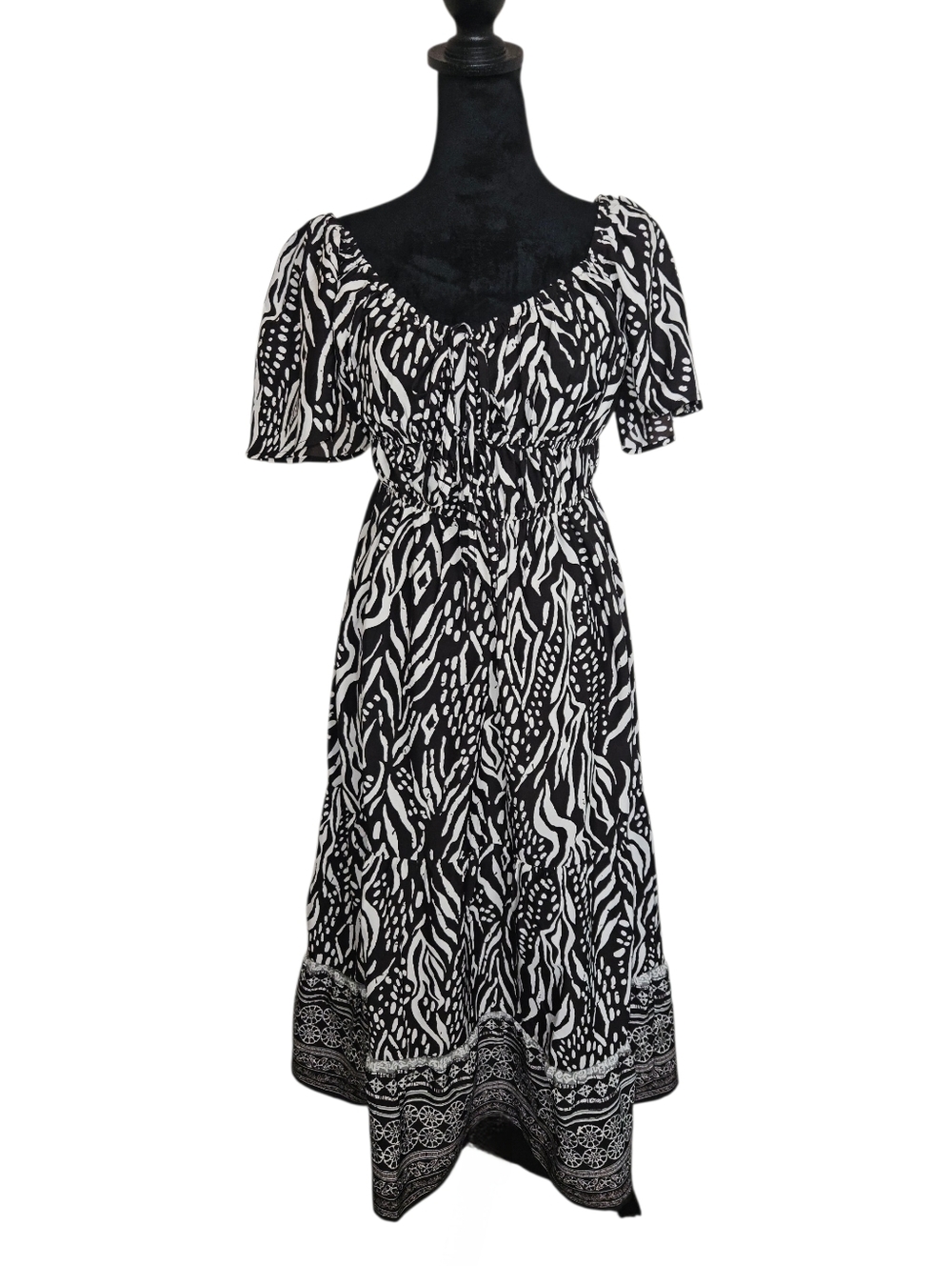 Indulge Bohemian Brown & White Abstract Print Flowy Midi Dress Size M